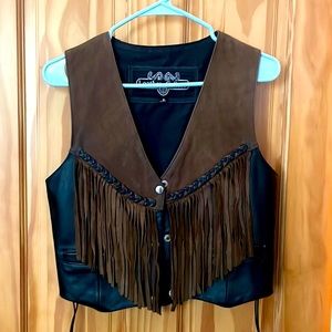 Fringed 100% Leather Biker Vest, Two-Toned black and brown